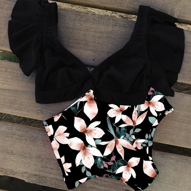 Floral Dreams Bikini-Set mit hoher Taille und Rüschen