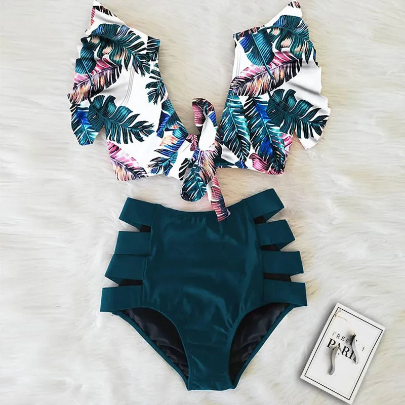 Floral Dreams Bikini-Set mit hoher Taille und Rüschen