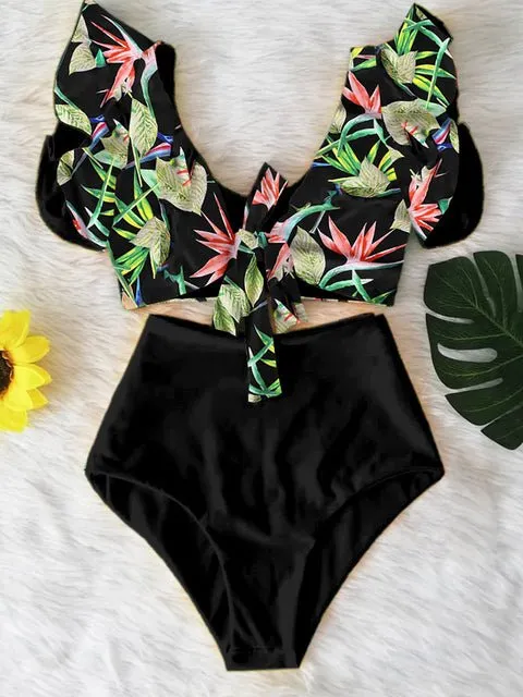 Floral Dreams Bikini-Set mit hoher Taille und Rüschen