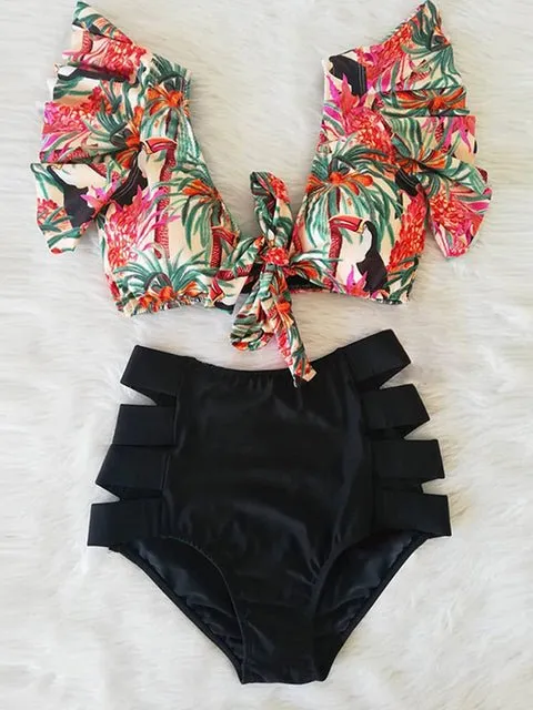 Floral Dreams Bikini-Set mit hoher Taille und Rüschen