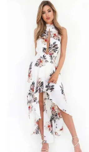 Floral Hollow Sleeveless Open Back High Low  Dress