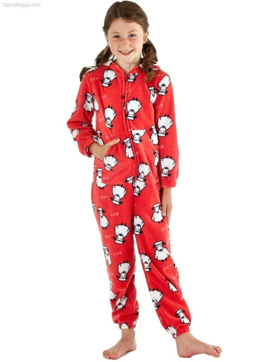 Girls Sheep Printed Zip Through, Hooded Fleece Onesies