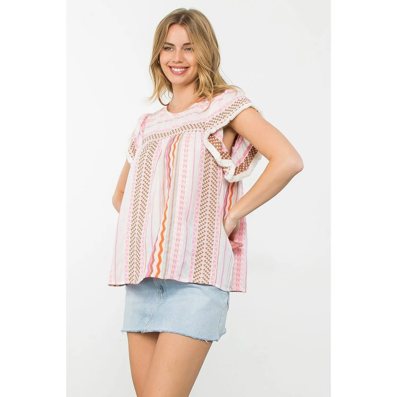 Hallie Stripe Pattern Flutter Sleeve THML Top