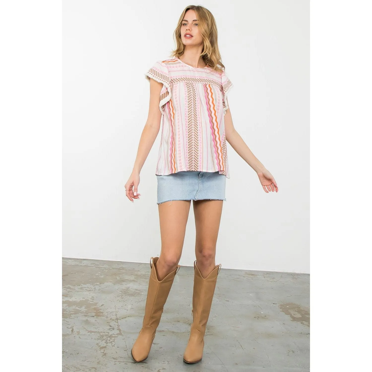 Hallie Stripe Pattern Flutter Sleeve THML Top