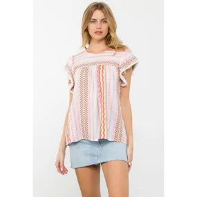 Hallie Stripe Pattern Flutter Sleeve THML Top