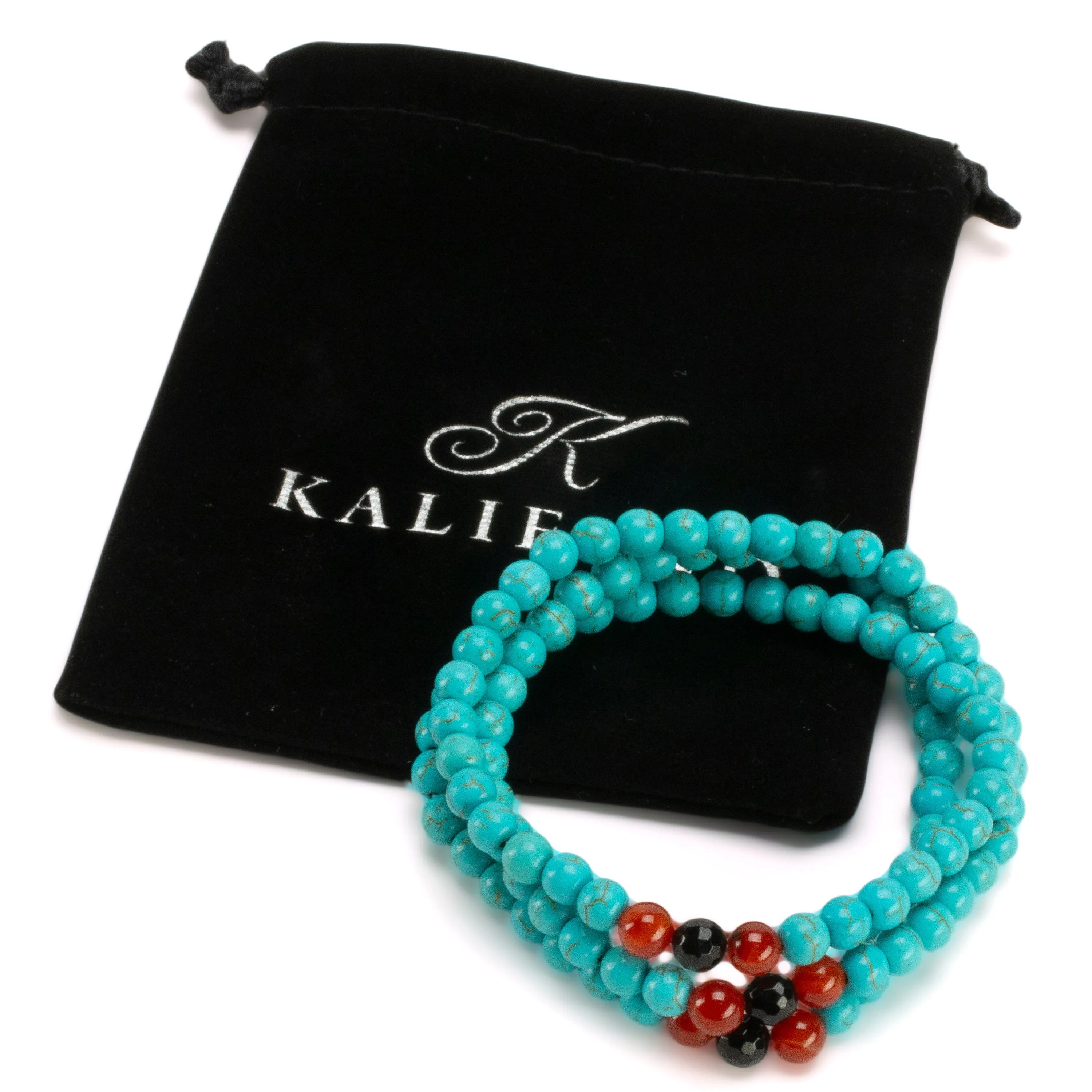 Howlite Turquoise 6mm Beads with Black Agate & Carnelian Accent Beads Triple Wrap Gemstone Elastic Bracelet