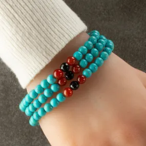 Howlite Turquoise 6mm Beads with Black Agate & Carnelian Accent Beads Triple Wrap Gemstone Elastic Bracelet