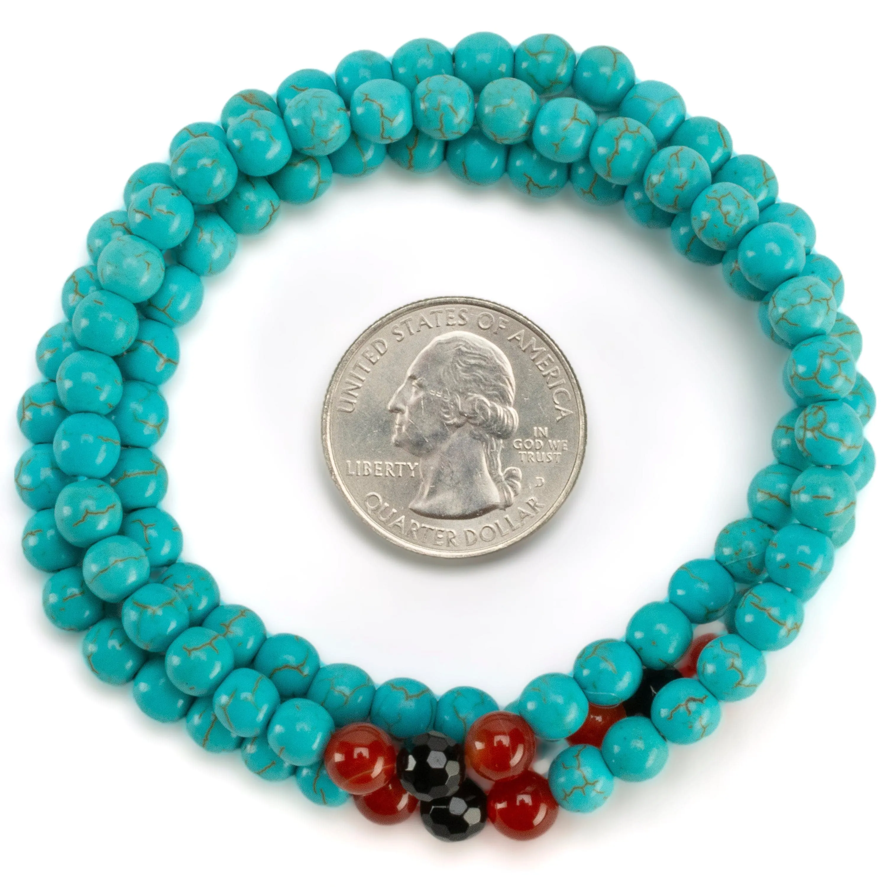 Howlite Turquoise 6mm Beads with Black Agate & Carnelian Accent Beads Triple Wrap Gemstone Elastic Bracelet