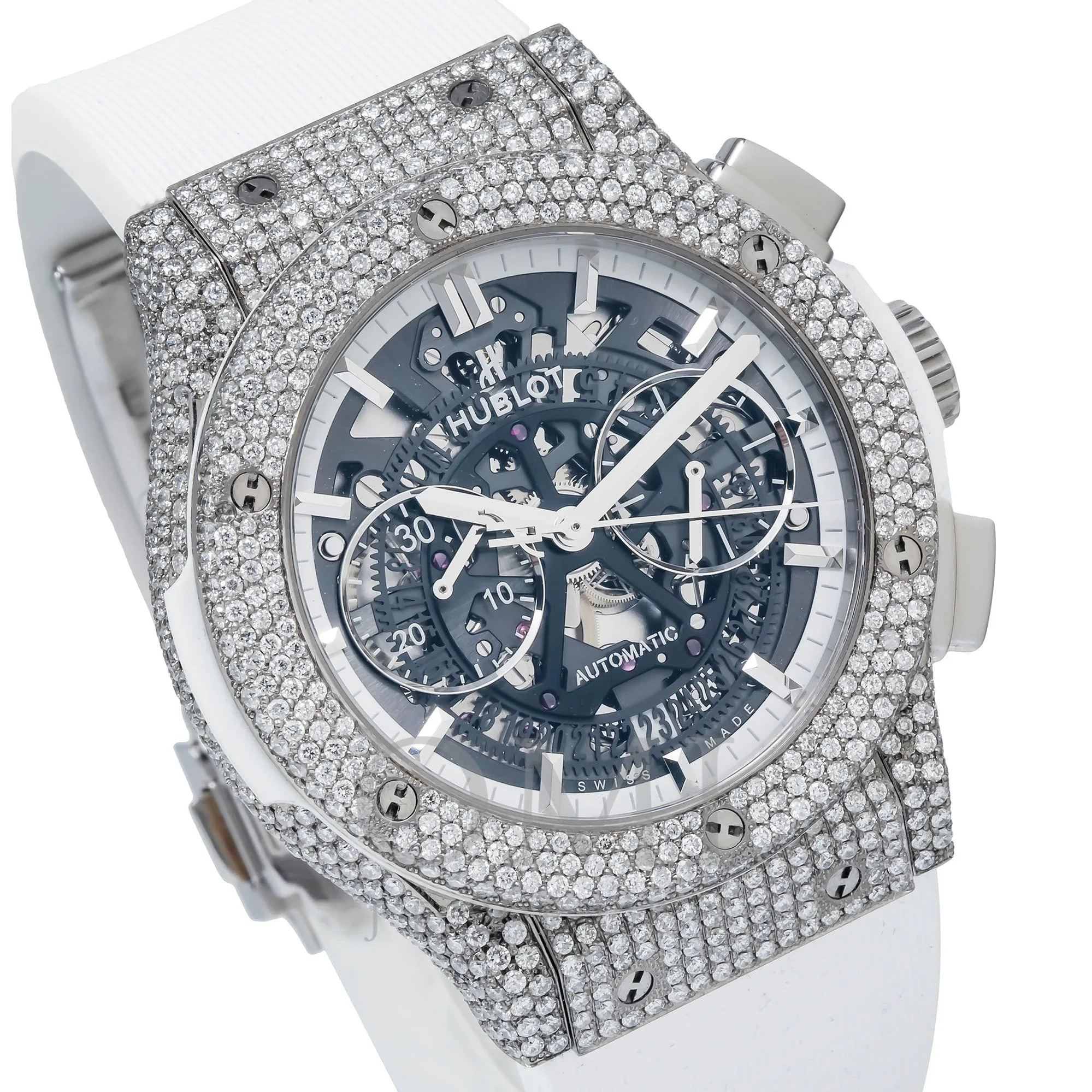 Hublot Classic Fusion Aerofusion 45MM Skeleton Diamond Dial And Bezel With White Rubber Bracelet