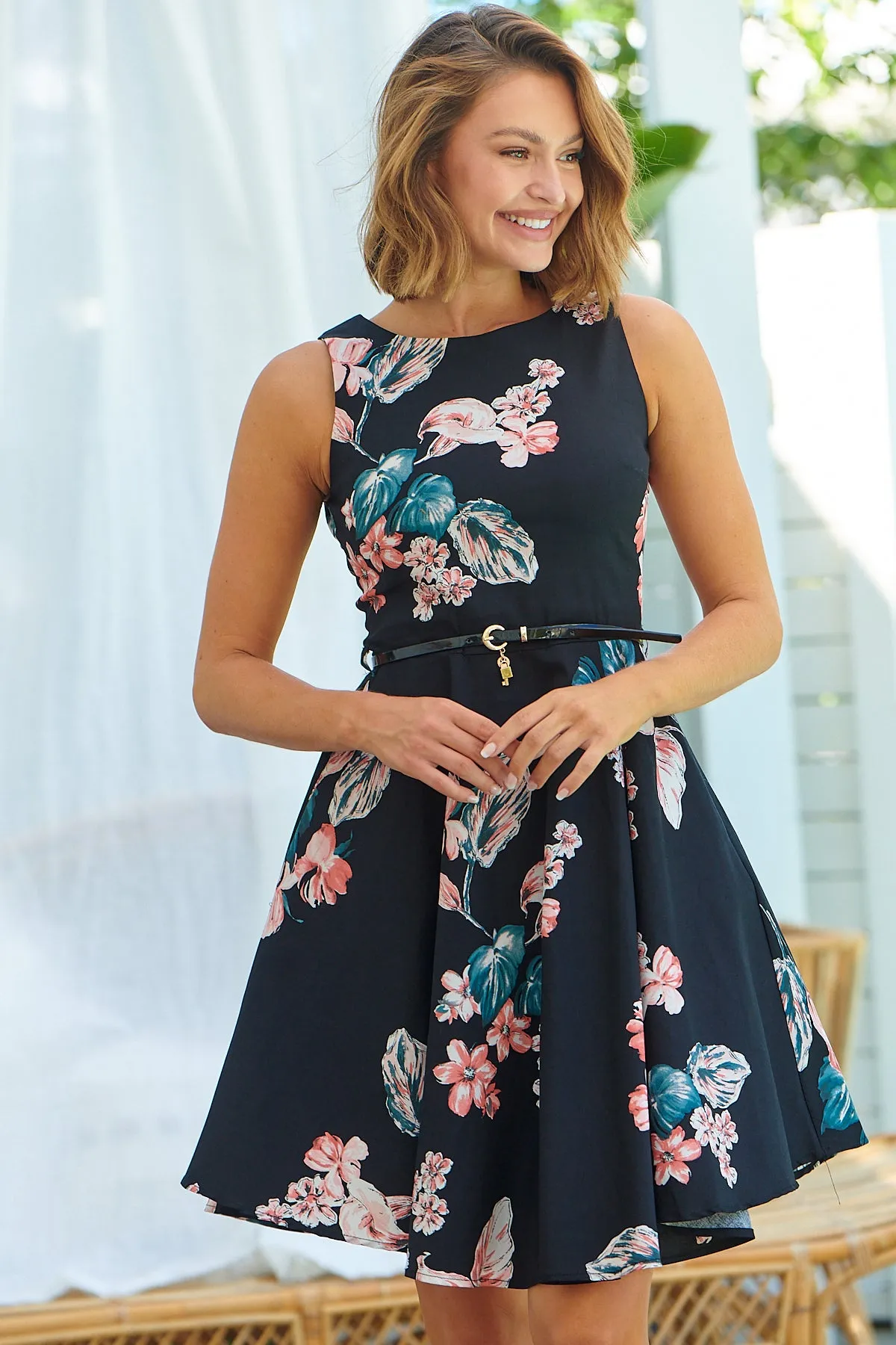 Ibigale Black/Pink Floral Belted Aline Classic Dress