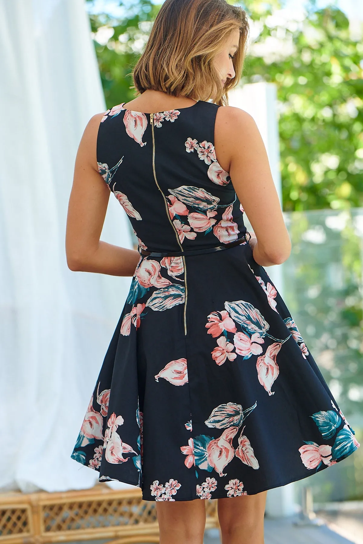 Ibigale Black/Pink Floral Belted Aline Classic Dress