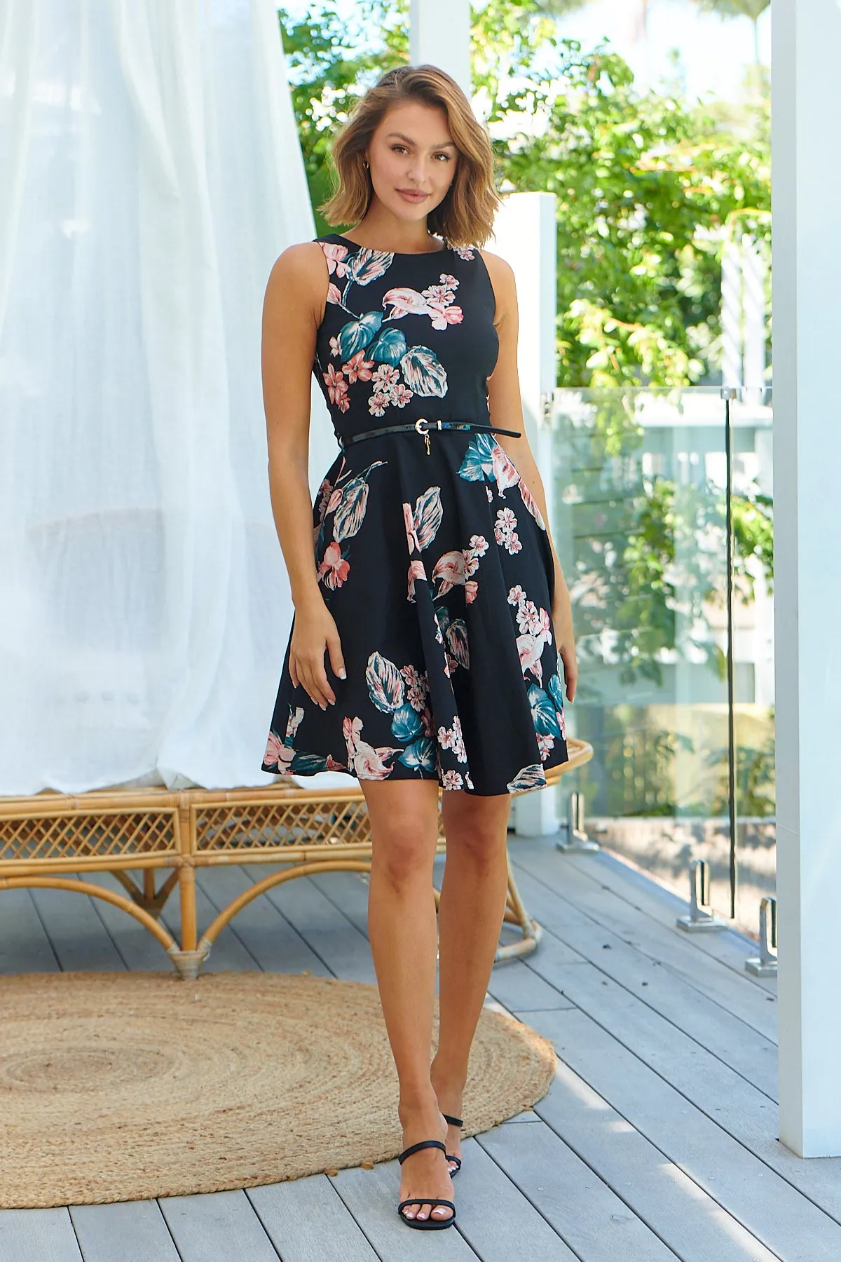 Ibigale Black/Pink Floral Belted Aline Classic Dress