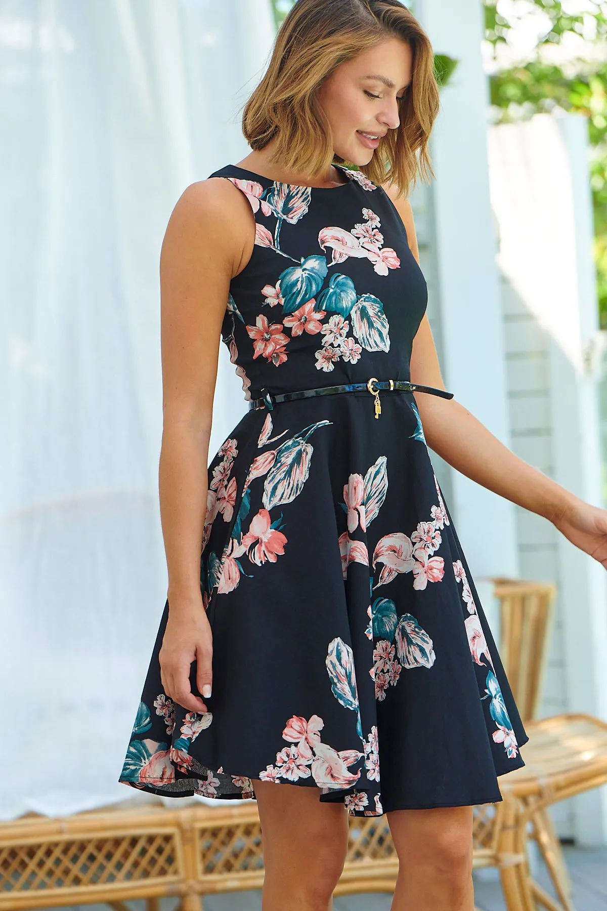 Ibigale Black/Pink Floral Belted Aline Classic Dress