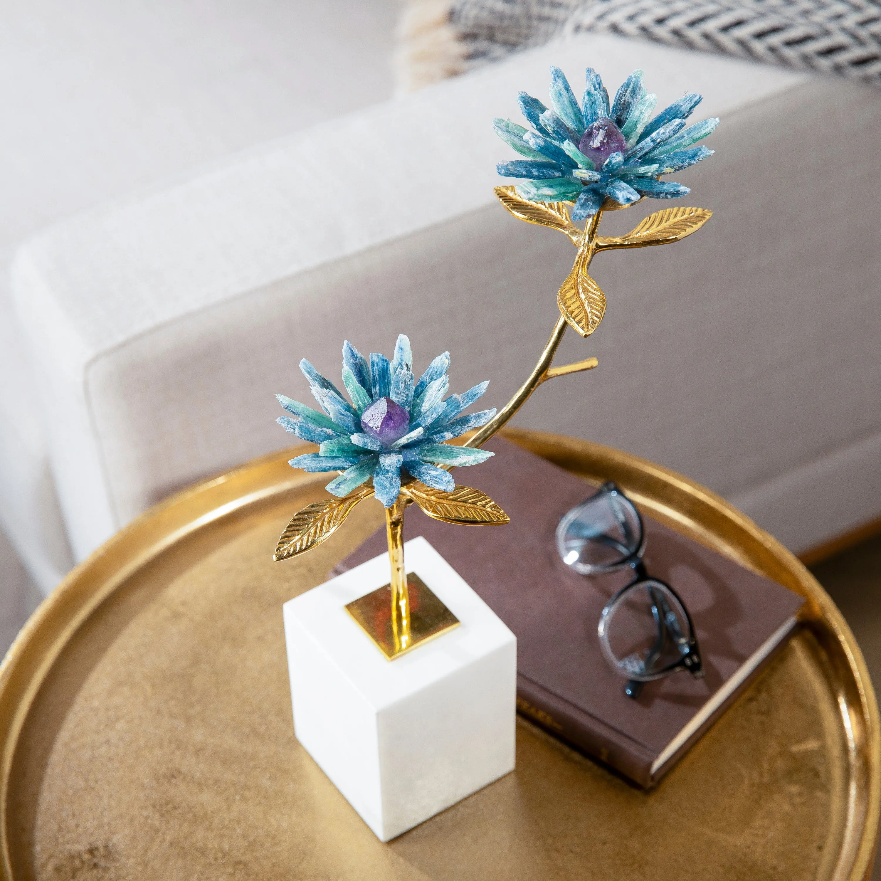 Kyanite Flowers with Amethyst Center on Brass Stem on Marble Base