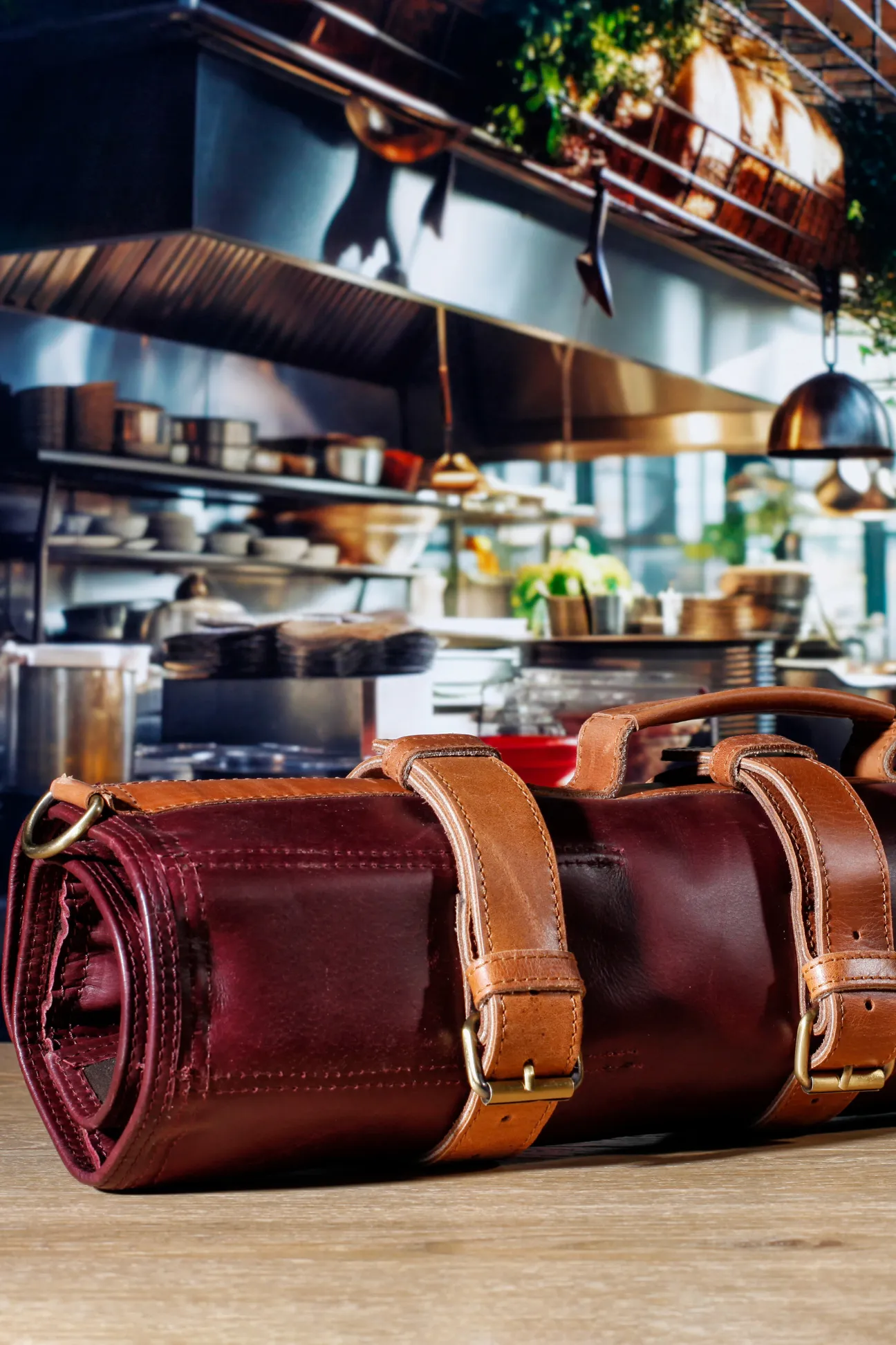 Leather Knife Roll- Bordo and Tan