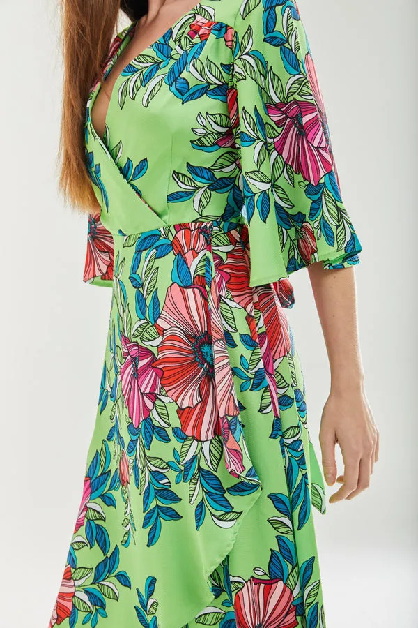 Liquorish Green Floral Midi Wrap Dress