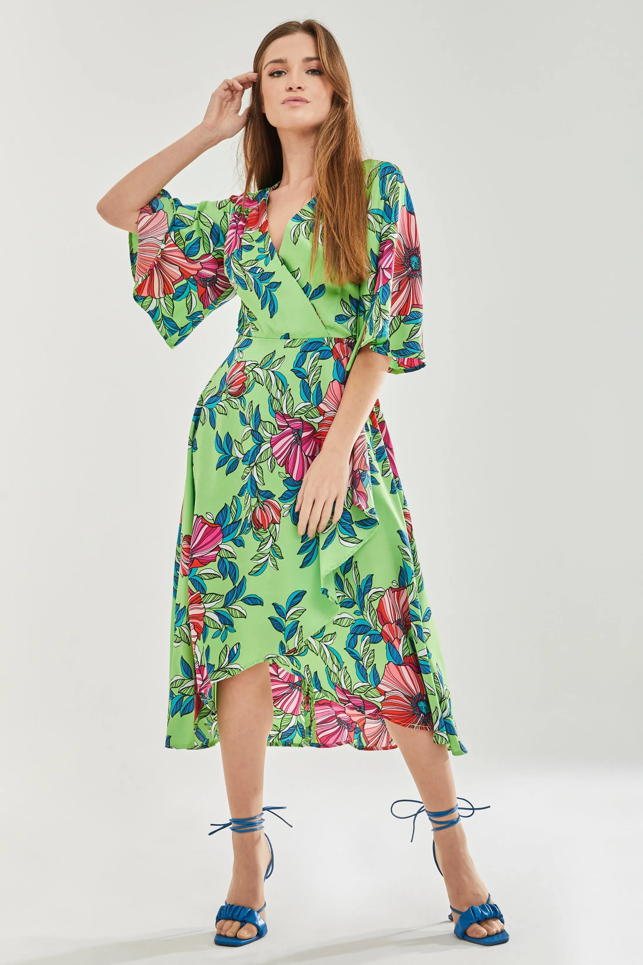 Liquorish Green Floral Midi Wrap Dress