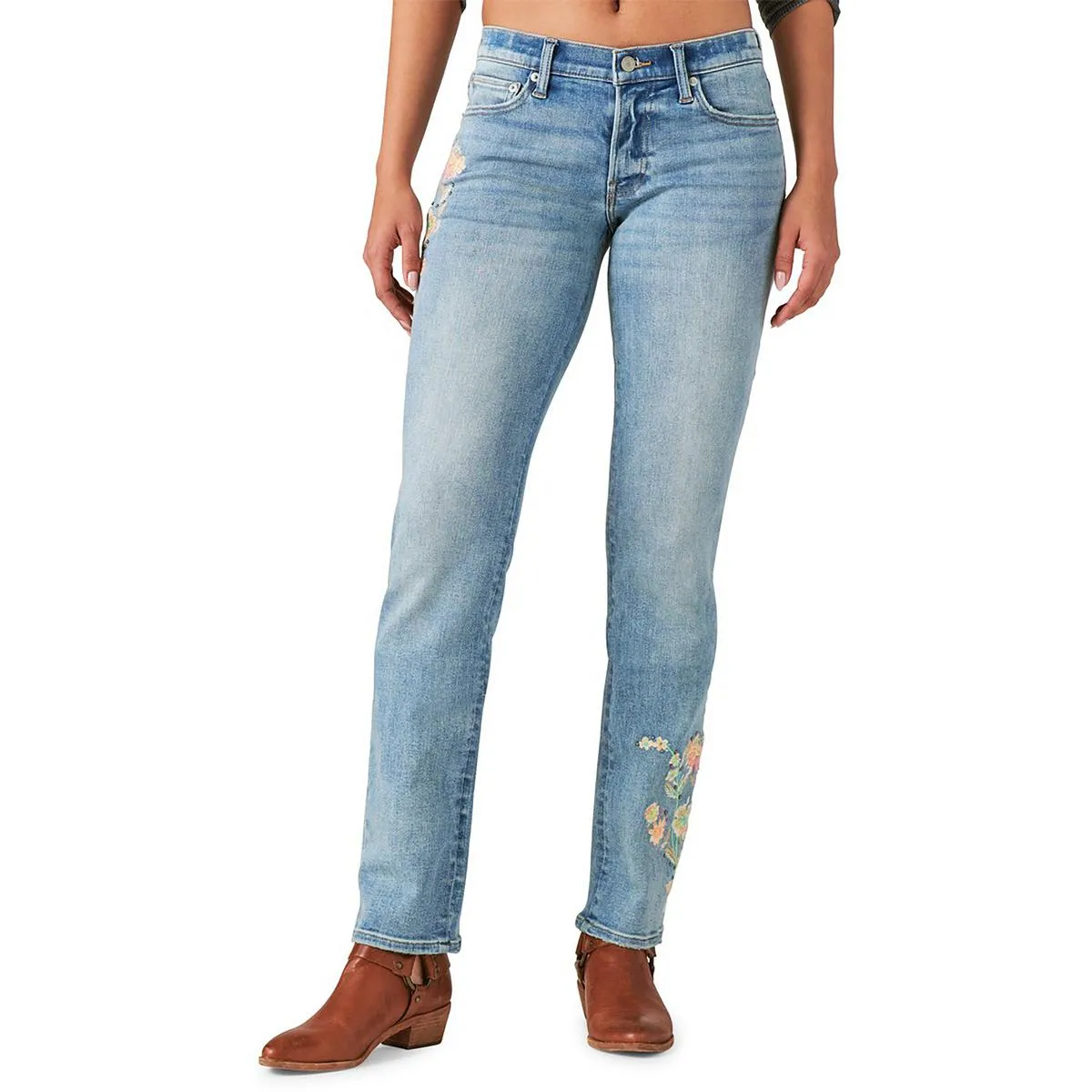 Lucky Legend Womens Floral Embroidered Straight Leg Jeans