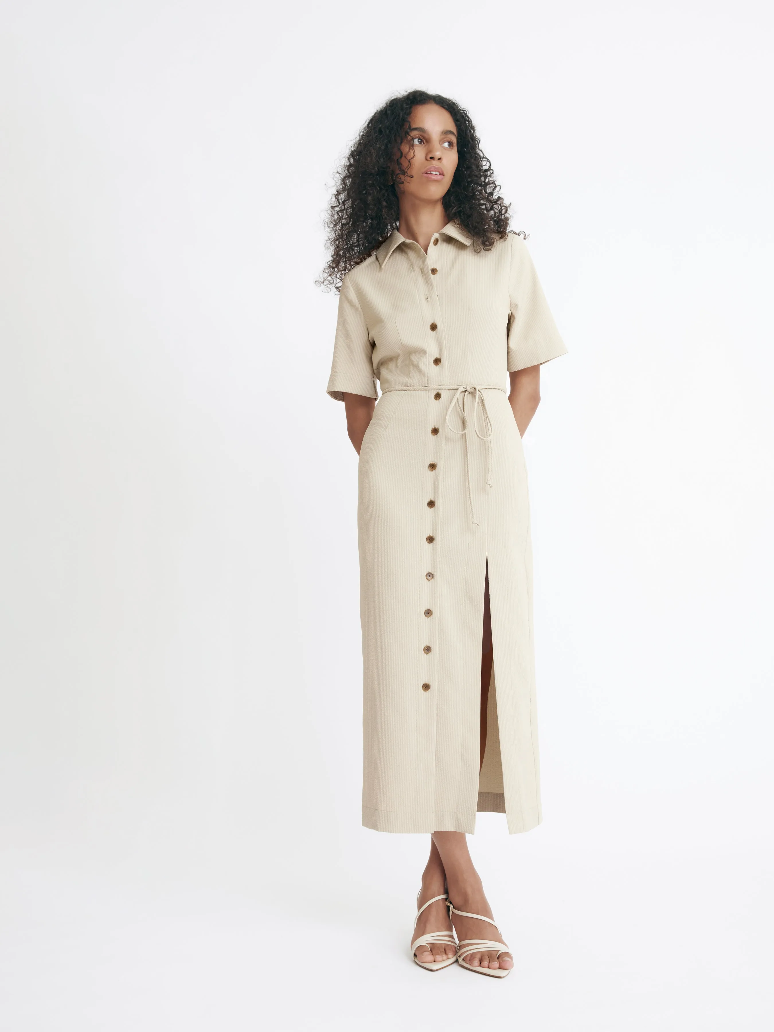 Matthew Bruch Button Up Midi Shirt Dress Taupe Seersucker