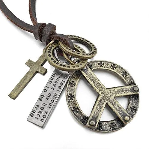 Men's Alloy Genuine Leather Pendant Necklace Gold Tone Cross Peace Sign Adjustable 16~26 Inch Chain