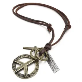 Men's Alloy Genuine Leather Pendant Necklace Gold Tone Cross Peace Sign Adjustable 16~26 Inch Chain