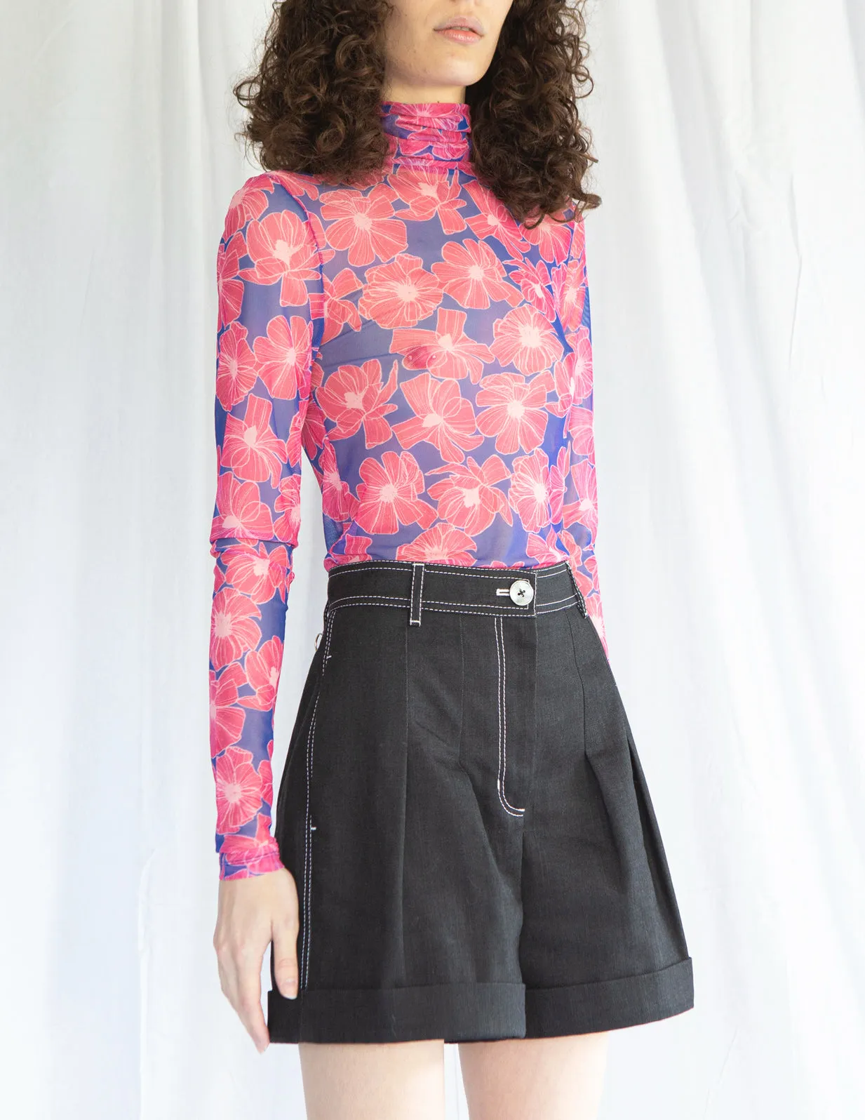 Mesh Turtleneck Top in Pink Floral Print