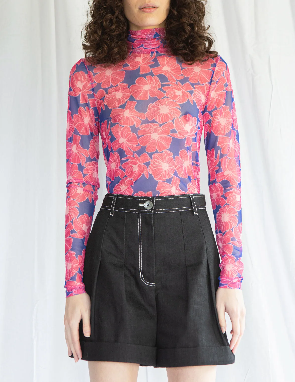 Mesh Turtleneck Top in Pink Floral Print