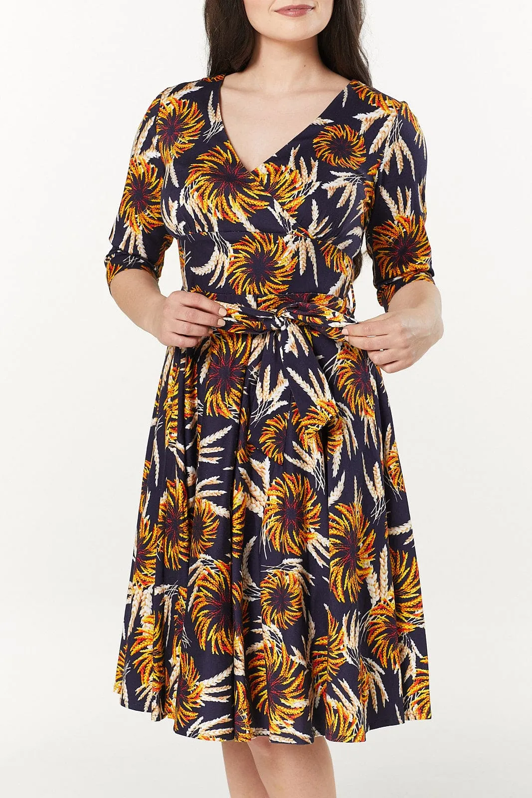 Nikki Wrap, V Neck Fit and Flare Swing Midi Dress