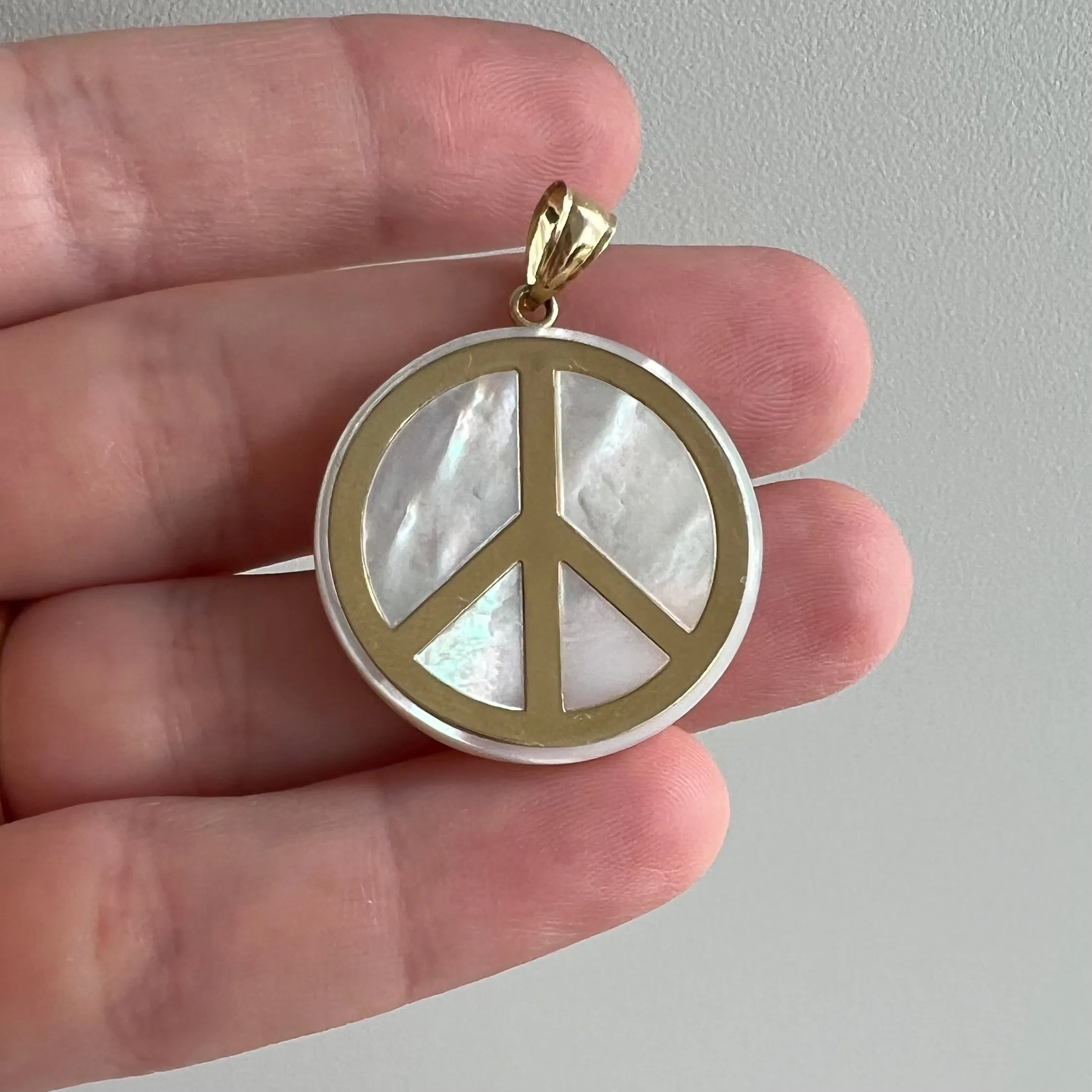 P R E - L O V E D // a wearable prayer for peace / 14k and mother of pearl peace sign / a pendant