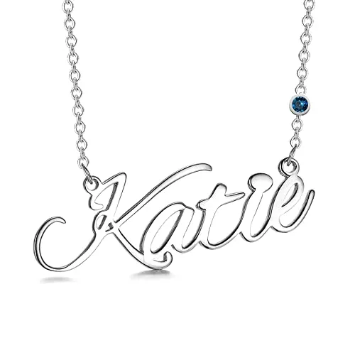 Personalized Name Necklace, 925 Sterling Silver Nameplate Necklace with CZ Birthstone Custom Necklace for Women Girls