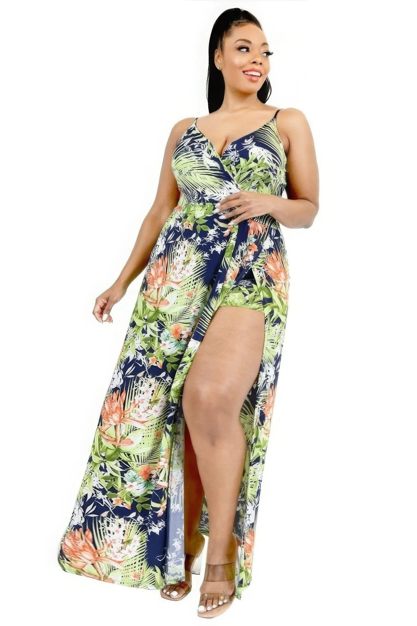 Plus Tropical Leaf Print Surplice Maxi Dress