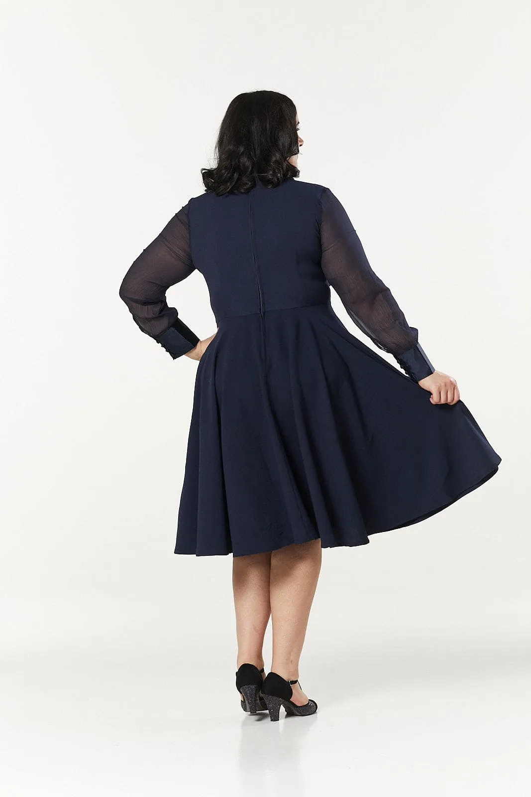 Polly Midi A- Line Long Chiffon Sleeves Navy Dress