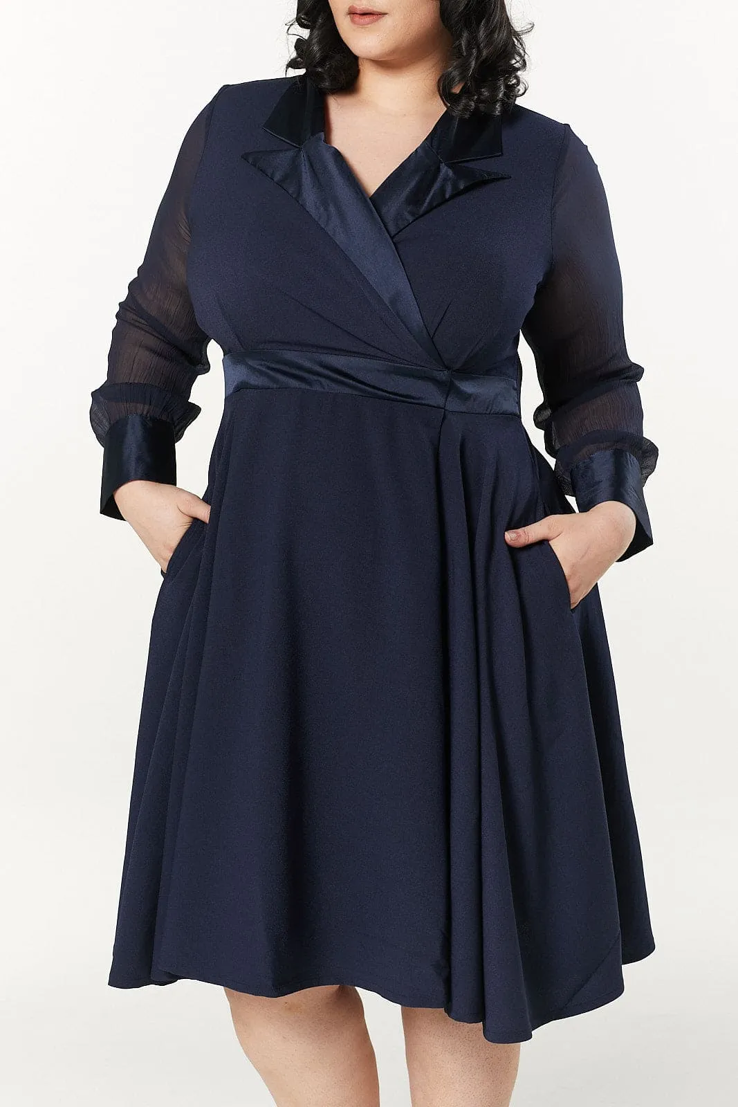 Polly Midi A- Line Long Chiffon Sleeves Navy Dress