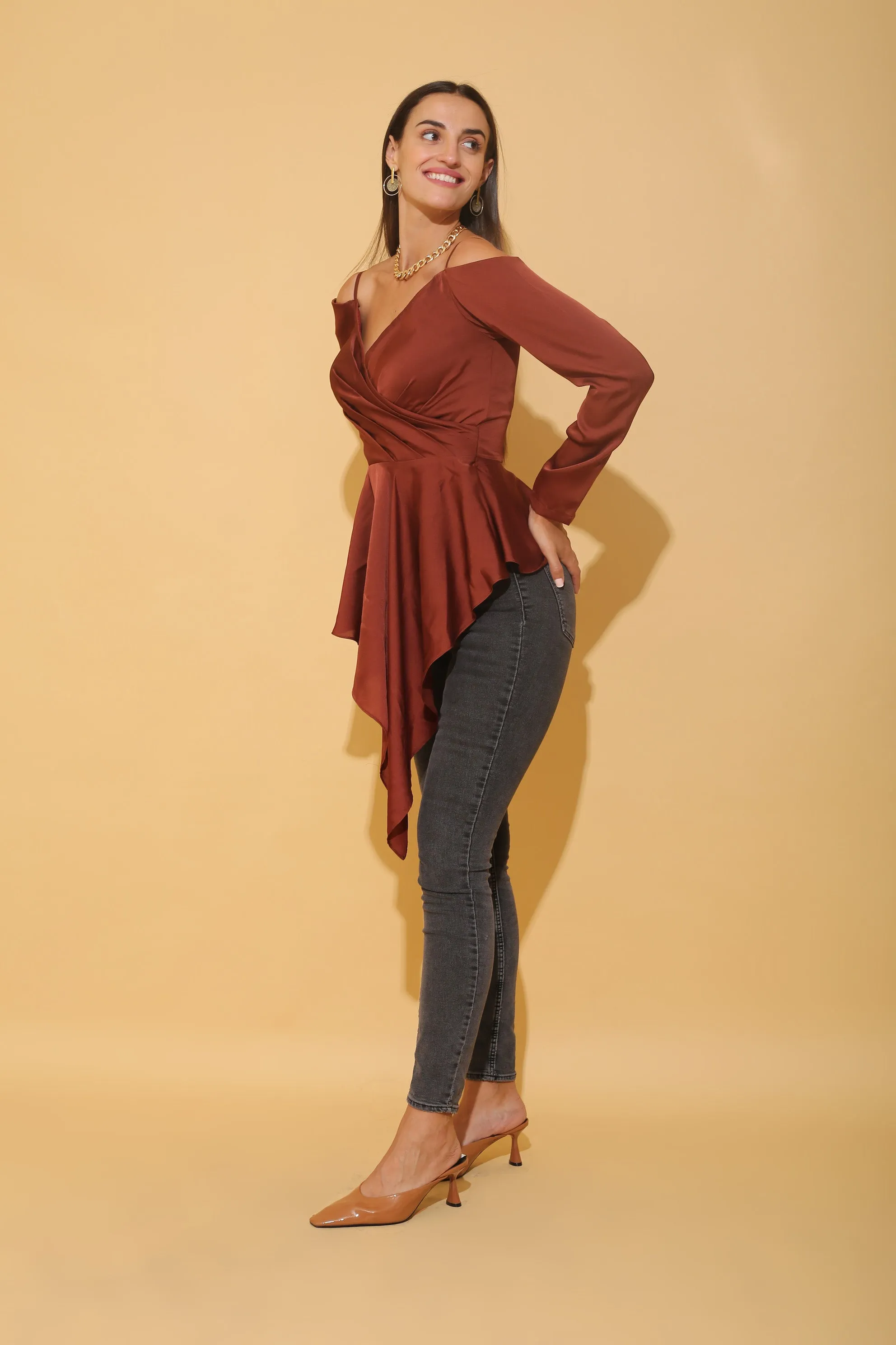 Rust Cold Shoulder Draped Top