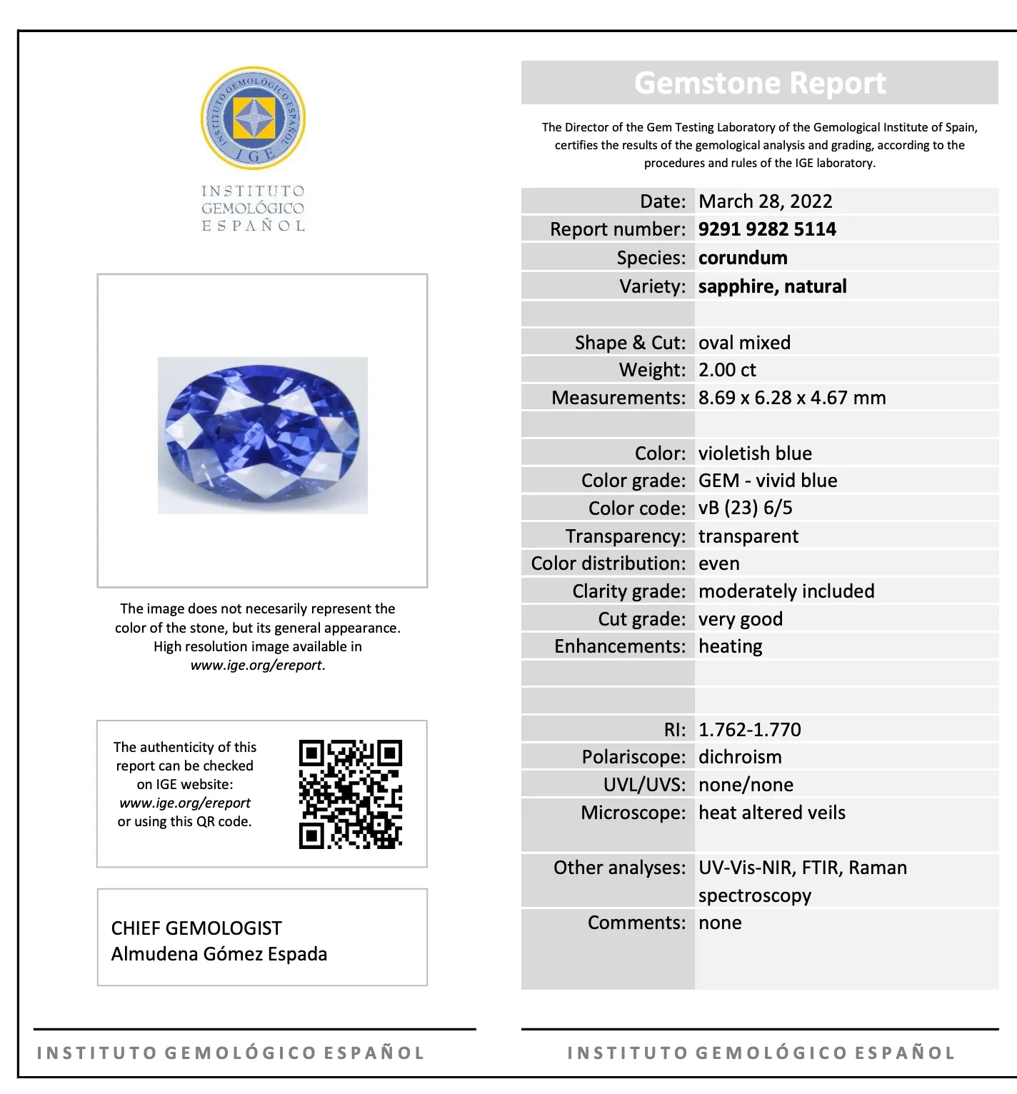 Sapphire IGI certified | natural, vivid blue, oval cut 8.6x6* mm, Si1, 2ct, Sri Lanka