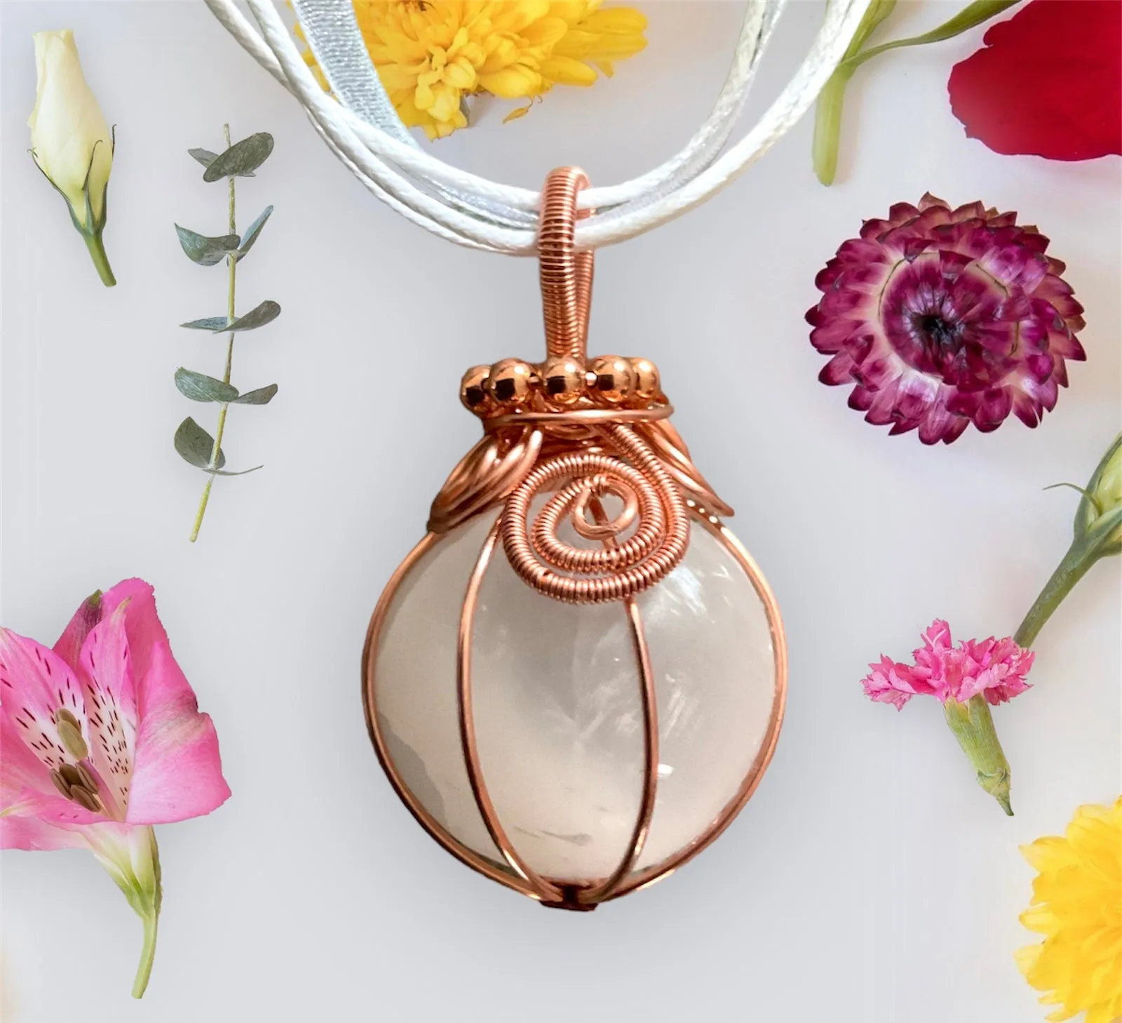 Selenite Gemstone Orb Wire Wrapped Pendant