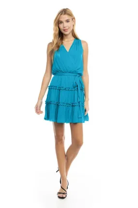 Sleeveless Mini Surplice Dress with Sash Tie Belt - Blue Jewel