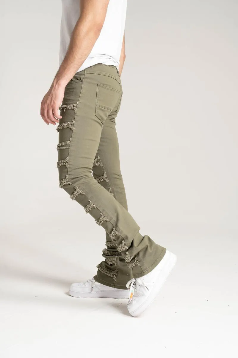 Spark Stretch Twill With 3D Crinkle & Multi Frayed Patch Stacked Jean (Olive)