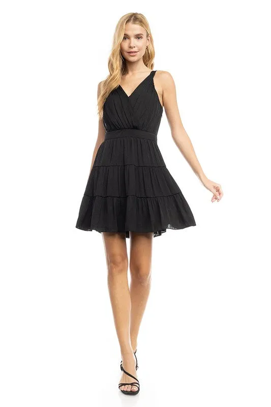 Surplice Tiered Dress - Black