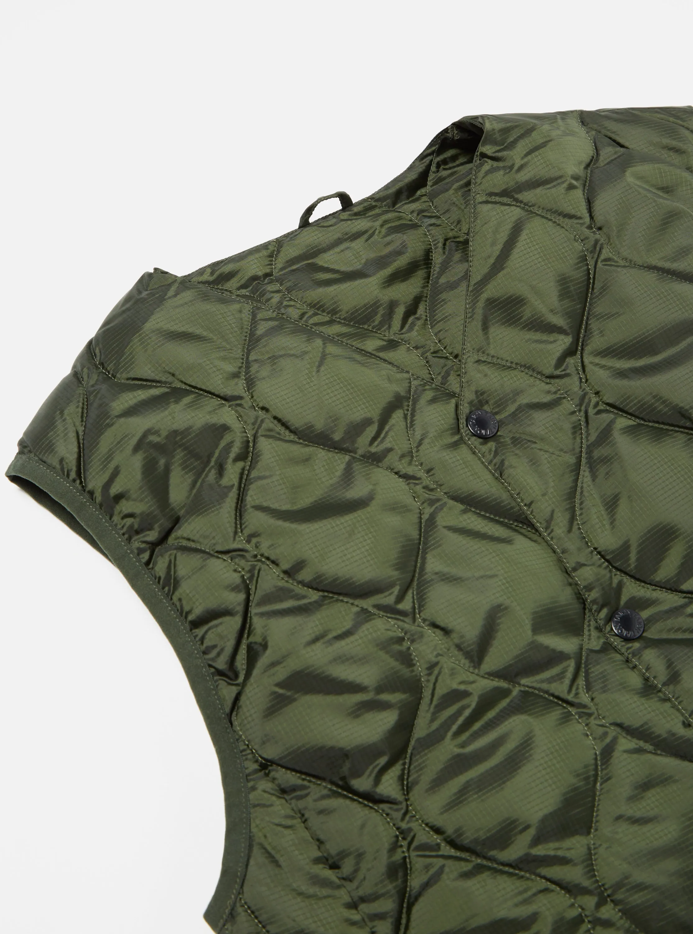 Taion by F/CE. Packable Down Vest in Olive Nylon Ripstop/Duck Down