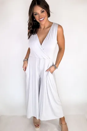 Take A Chance Light Gray Surplice Neckline Sleeveless Jumpsuit