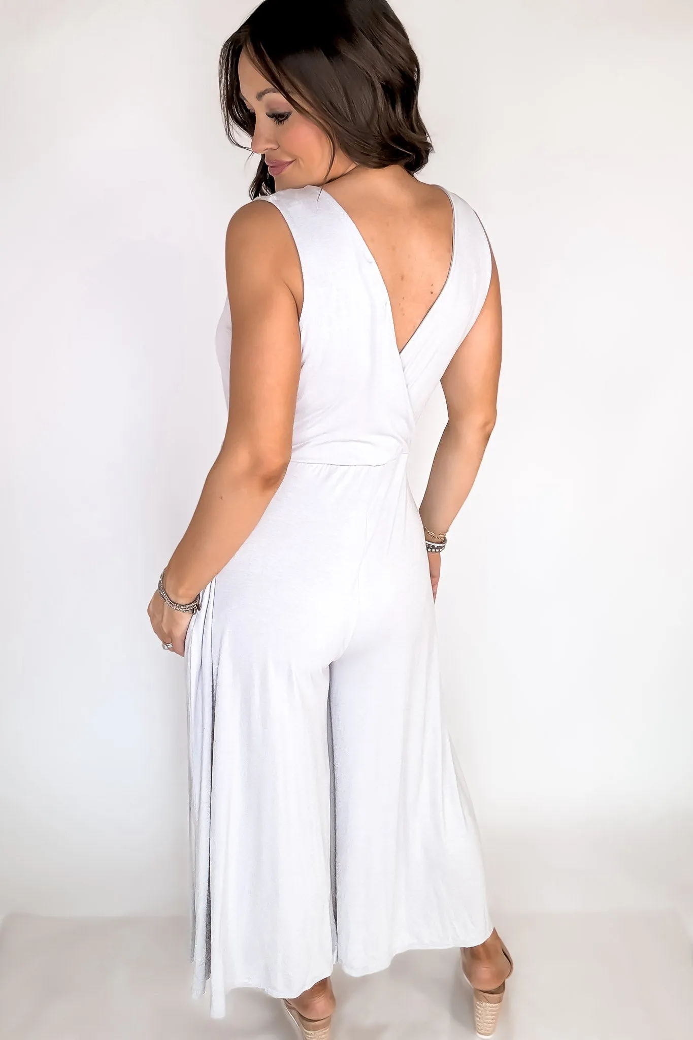 Take A Chance Light Gray Surplice Neckline Sleeveless Jumpsuit