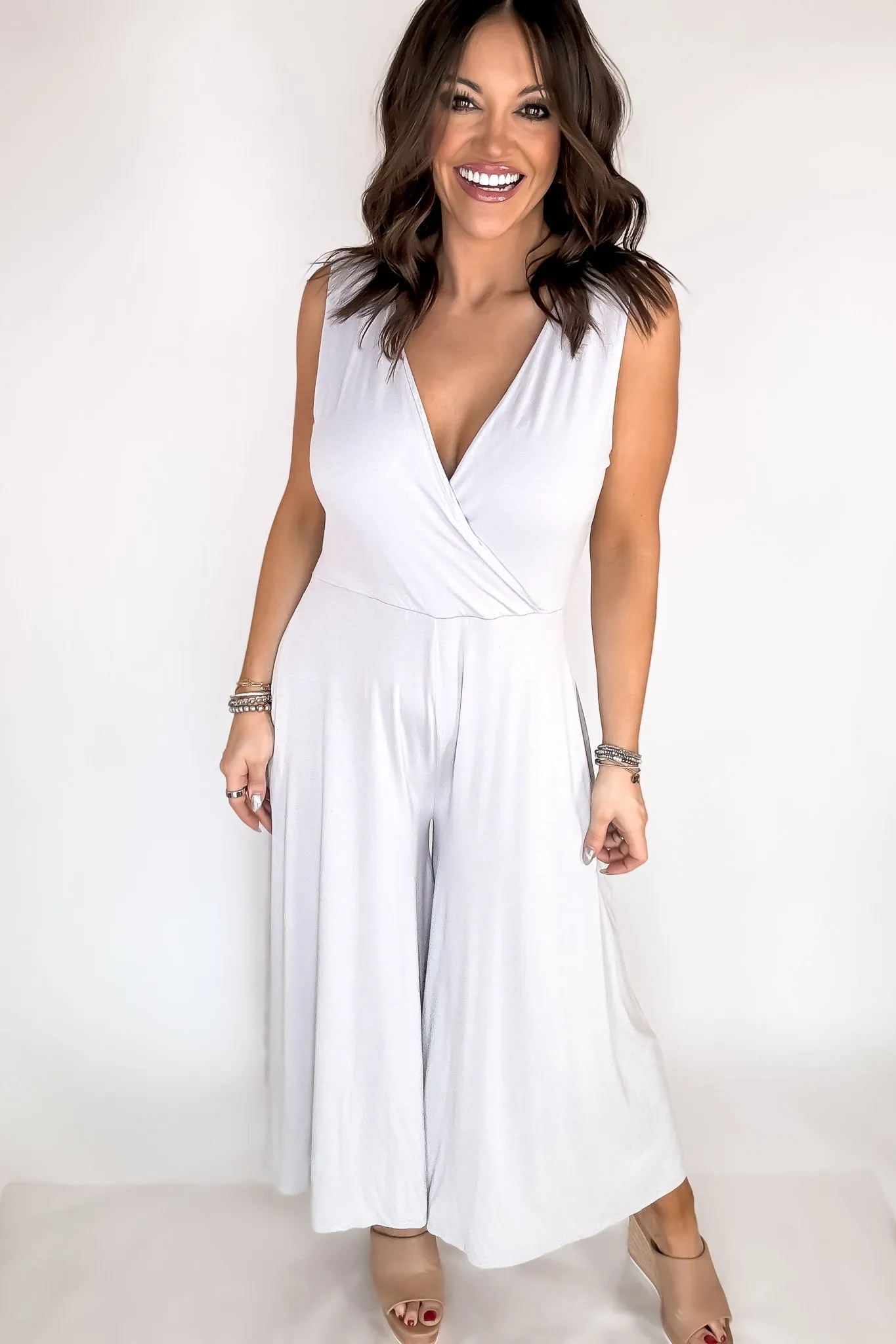 Take A Chance Light Gray Surplice Neckline Sleeveless Jumpsuit