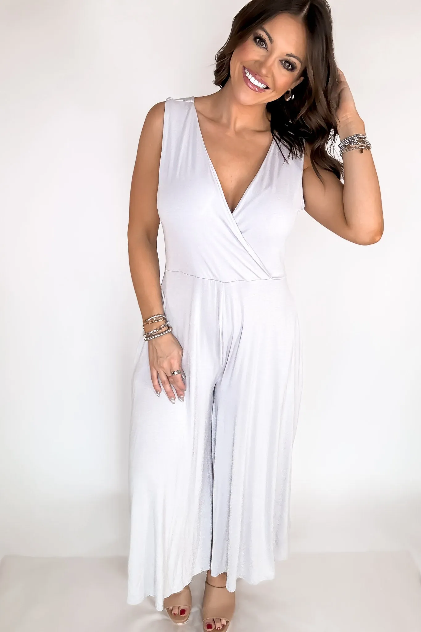 Take A Chance Light Gray Surplice Neckline Sleeveless Jumpsuit