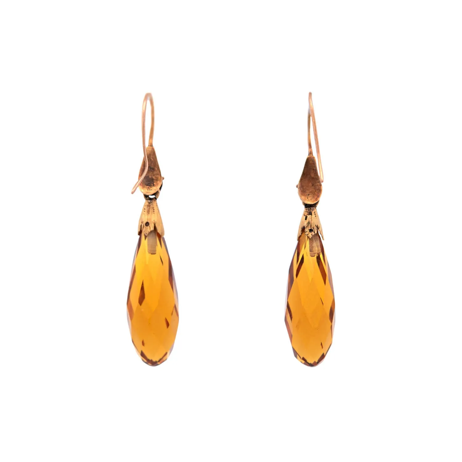 Victorian 14kt Gold Snakehead "Citrine" Faceted Teardrop Earrings