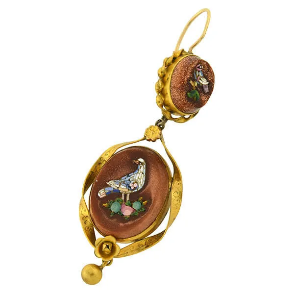 Victorian 14kt Sparkle Copper Jasper & Micro Mosaic Bird Earrings