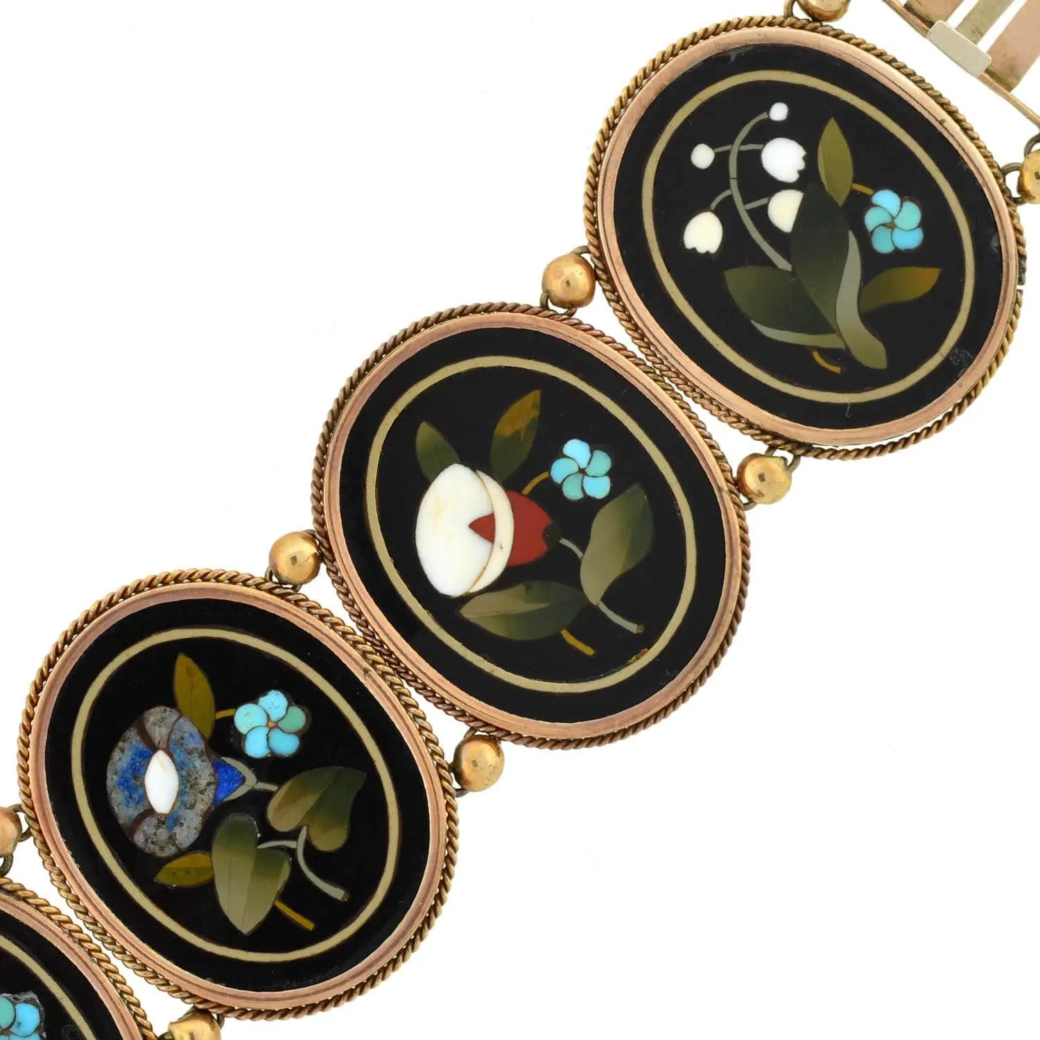 Victorian 18kt Large Floral Motif Pietra Dura Link Bracelet