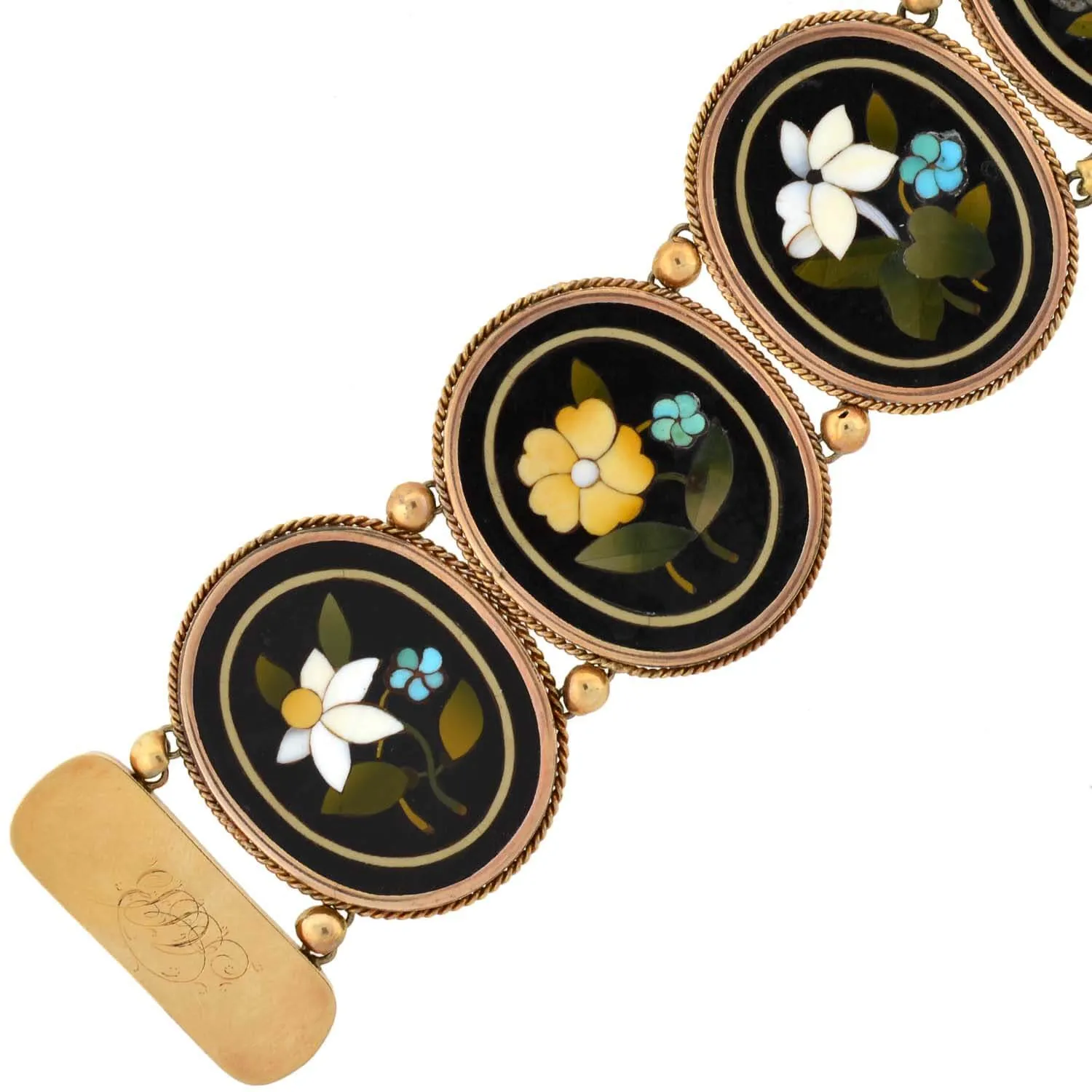 Victorian 18kt Large Floral Motif Pietra Dura Link Bracelet