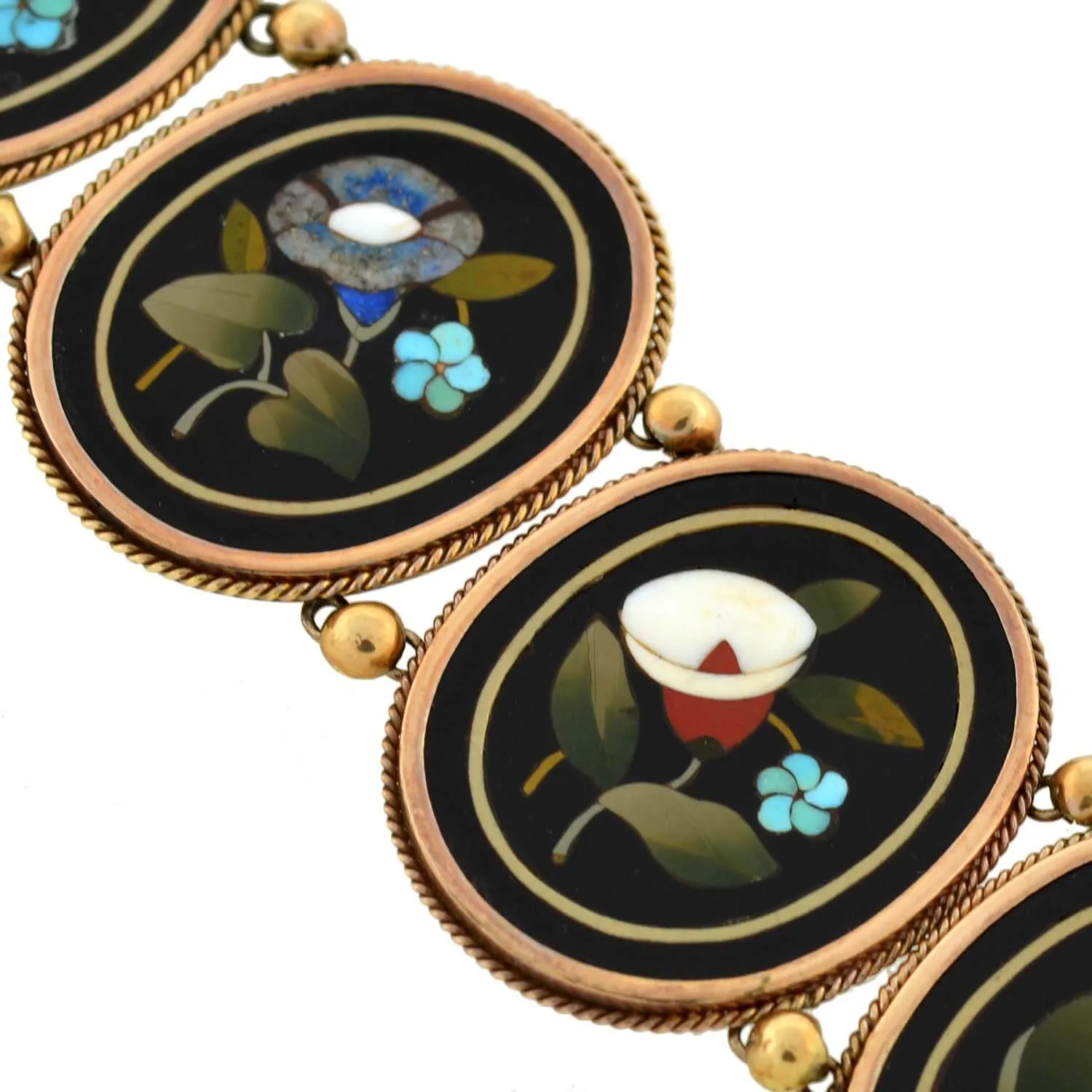 Victorian 18kt Large Floral Motif Pietra Dura Link Bracelet