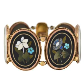 Victorian 18kt Large Floral Motif Pietra Dura Link Bracelet